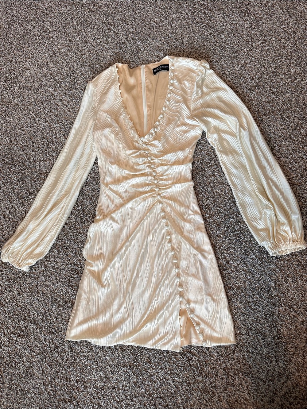 Kittenish Cream Long-Sleeve Ruched V-Neck Mini Dress